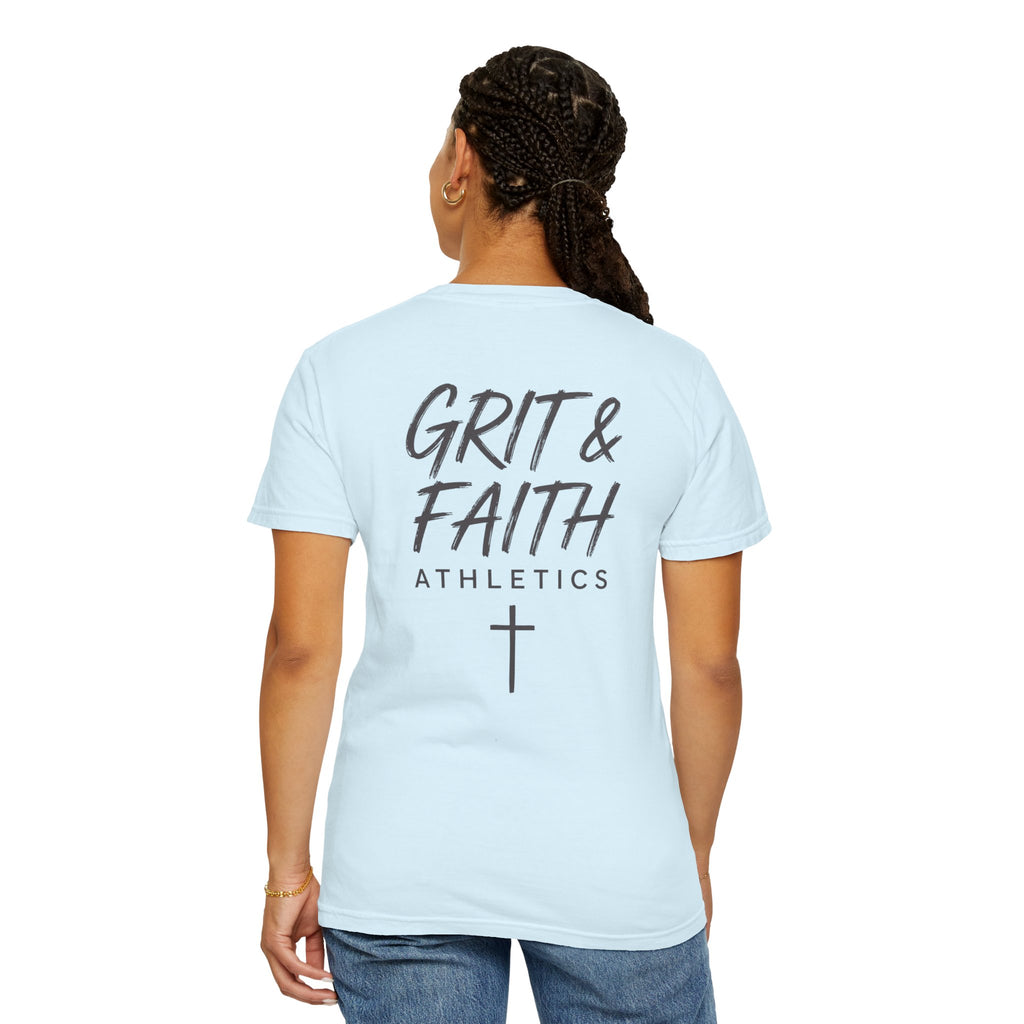 Grit and Faith Athletics T‑Shirt — Cross Chest Logo, Back Script Athletic Tee