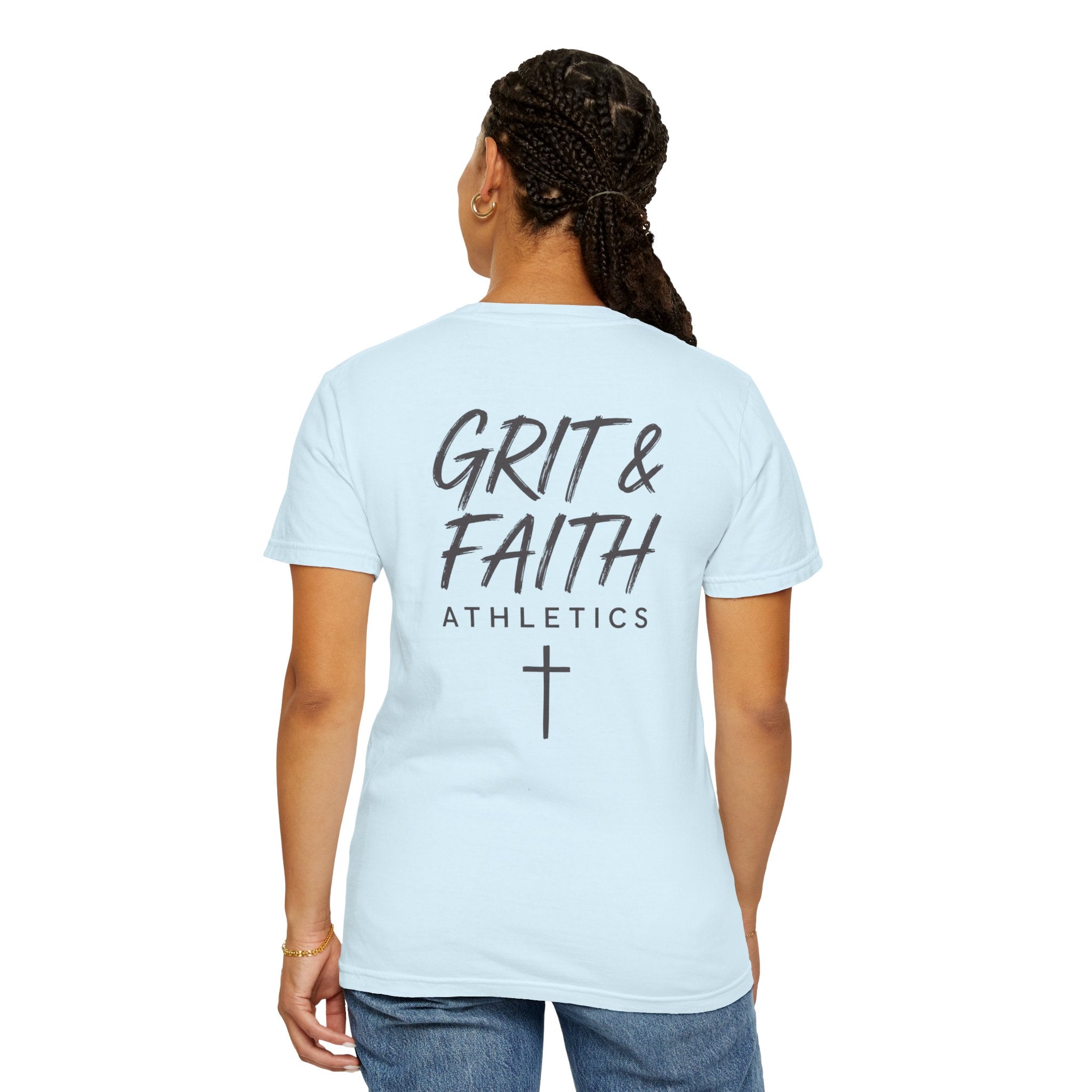 Grit and Faith Athletics T‑Shirt — Cross Chest Logo, Back Script Athletic Tee