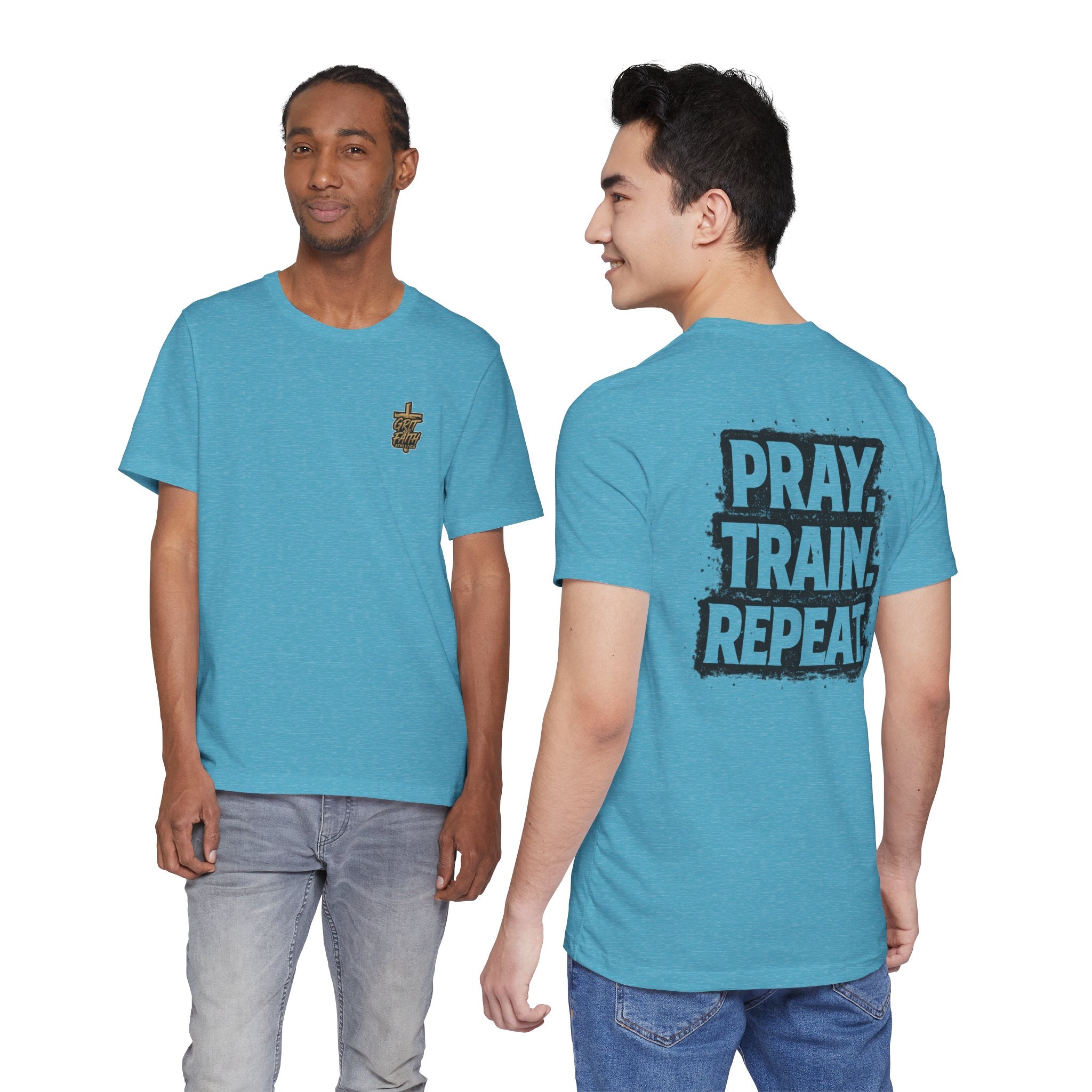 Grit and Faith T-Shirt — Pray. Train. Repeat. Faith & Fitness Tee