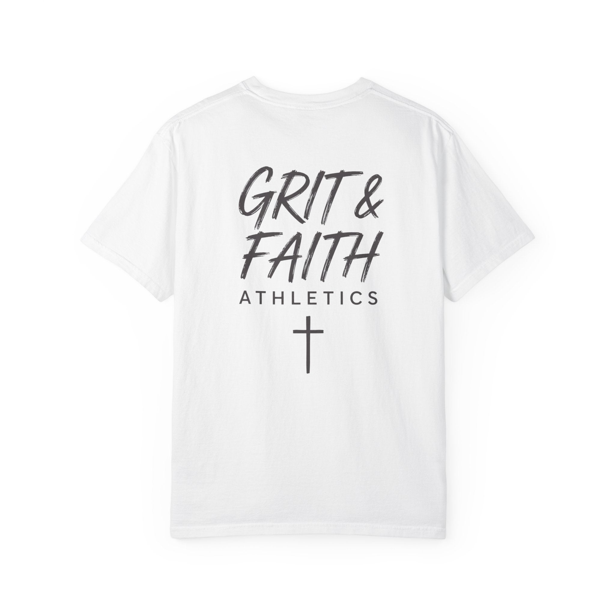 Grit and Faith Athletics T‑Shirt — Cross Chest Logo, Back Script Athletic Tee