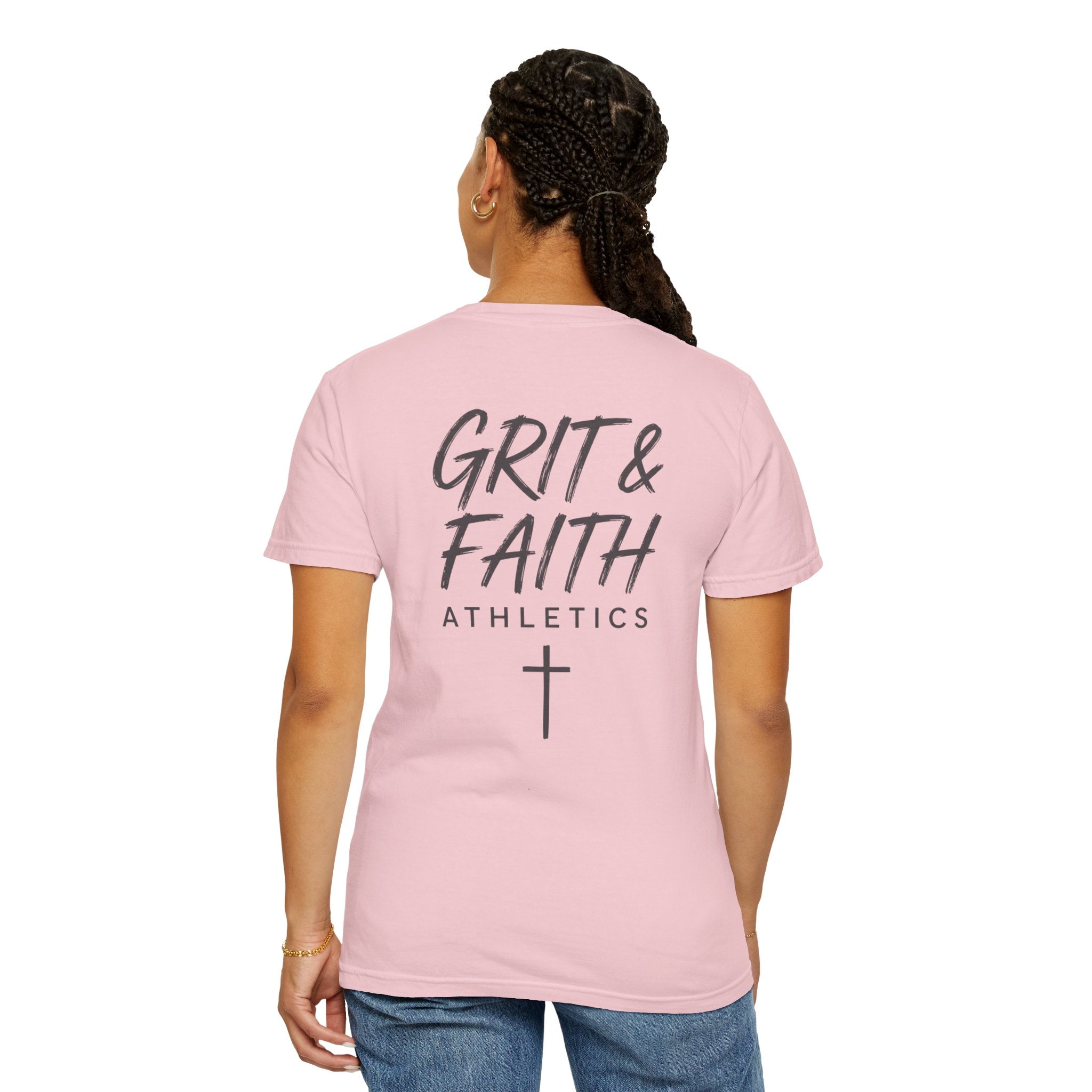 Grit and Faith Athletics T‑Shirt — Cross Chest Logo, Back Script Athletic Tee