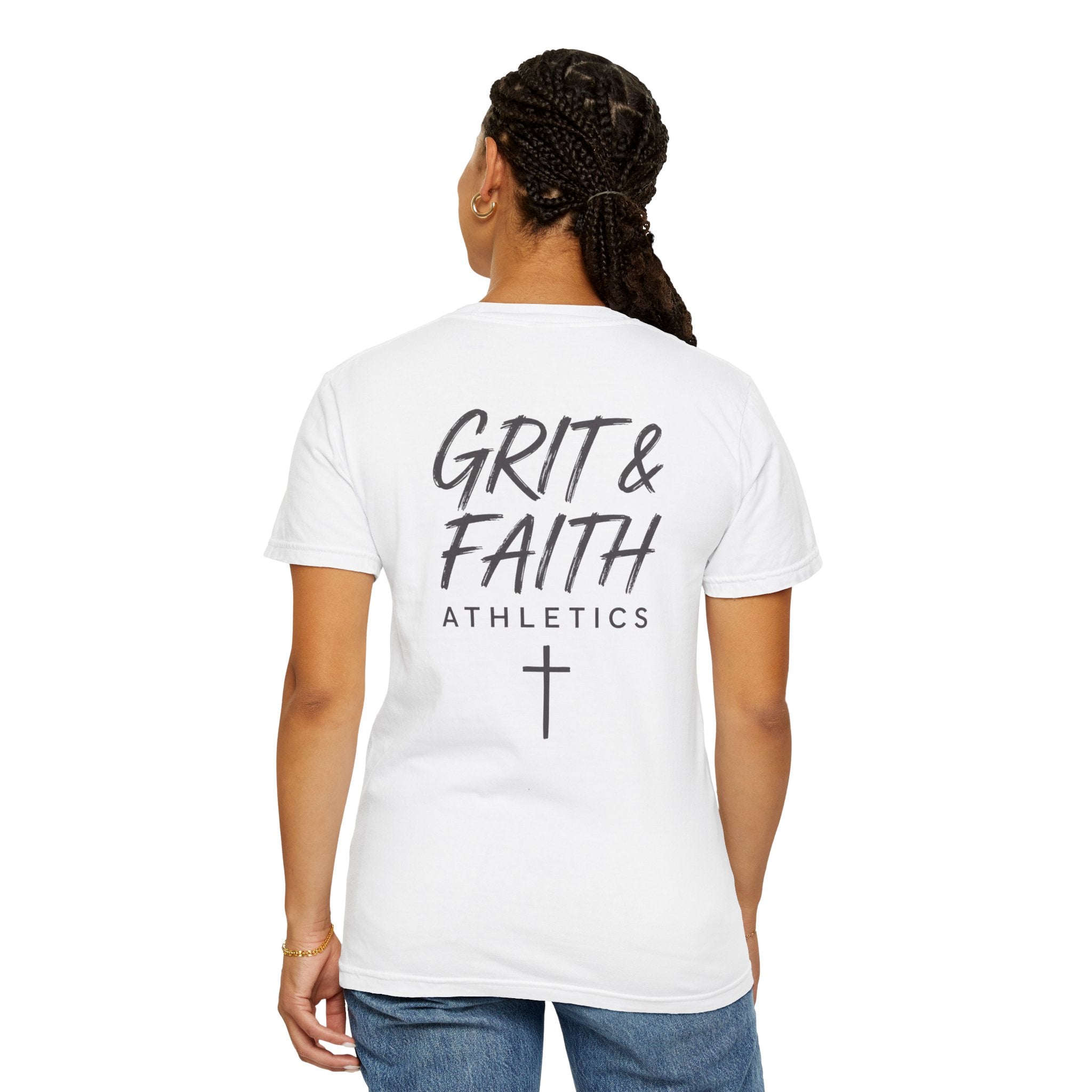 Grit and Faith Athletics T‑Shirt — Cross Chest Logo, Back Script Athletic Tee