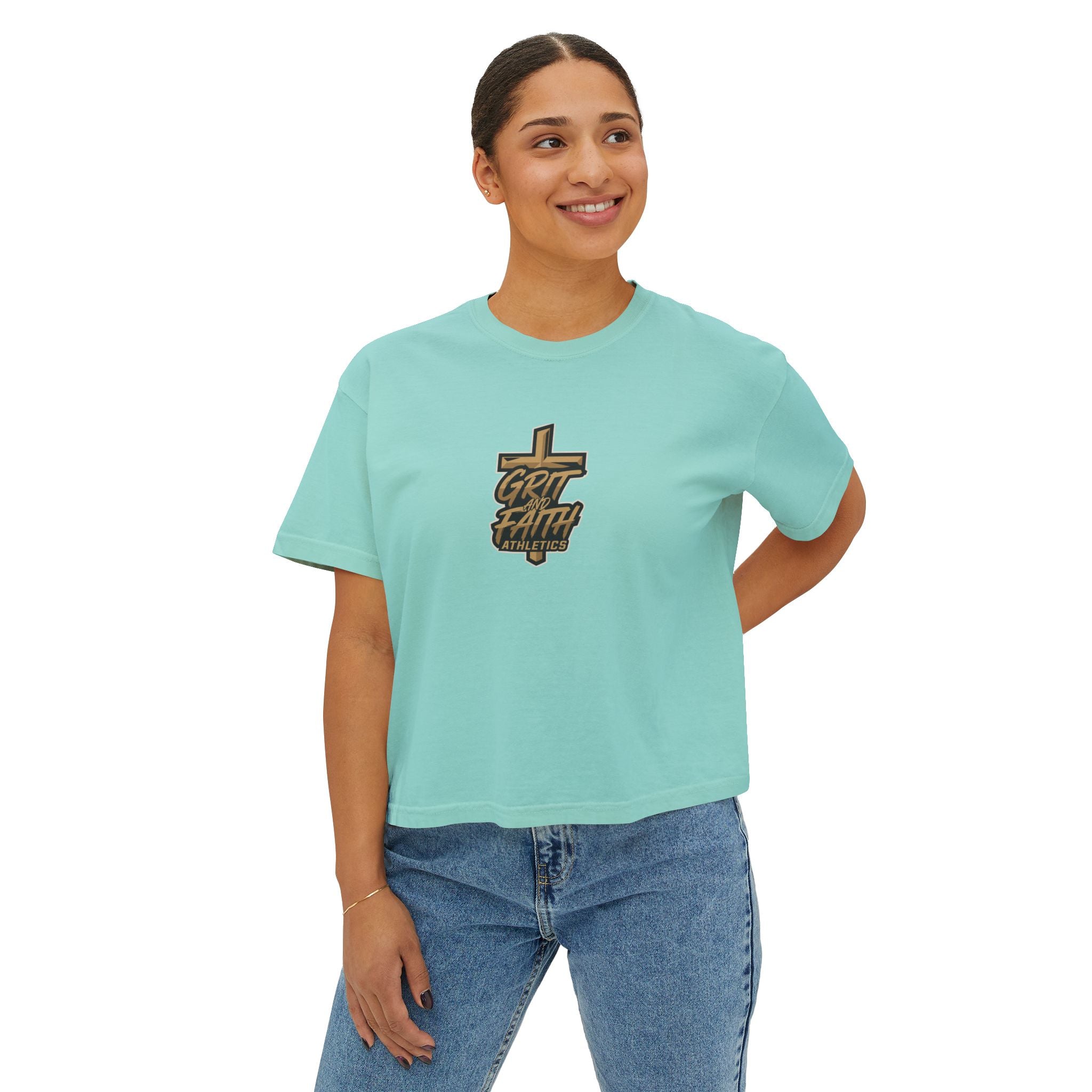 Grit and Faith Women's Boxy Tee — Cross Graphic Crop T-Shirt
