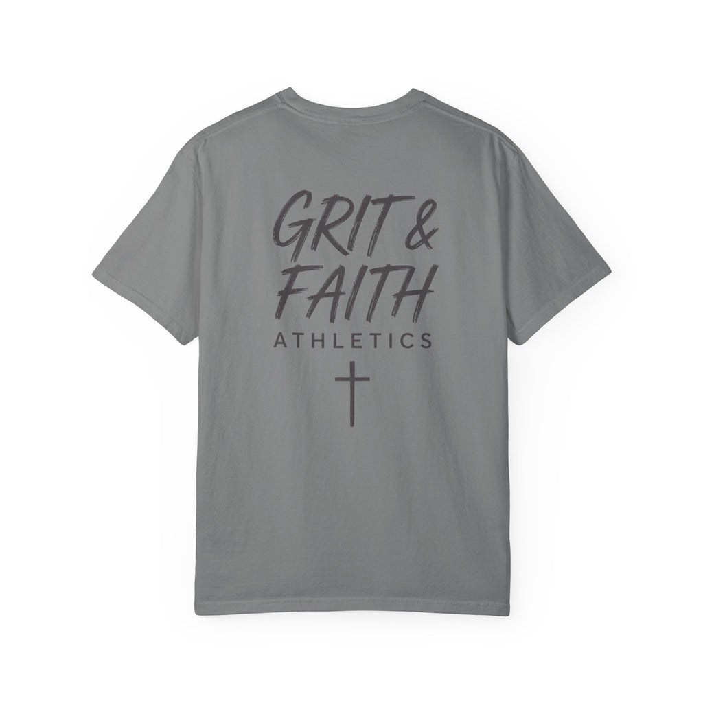 Grit and Faith Athletics T‑Shirt — Cross Chest Logo, Back Script Athletic Tee