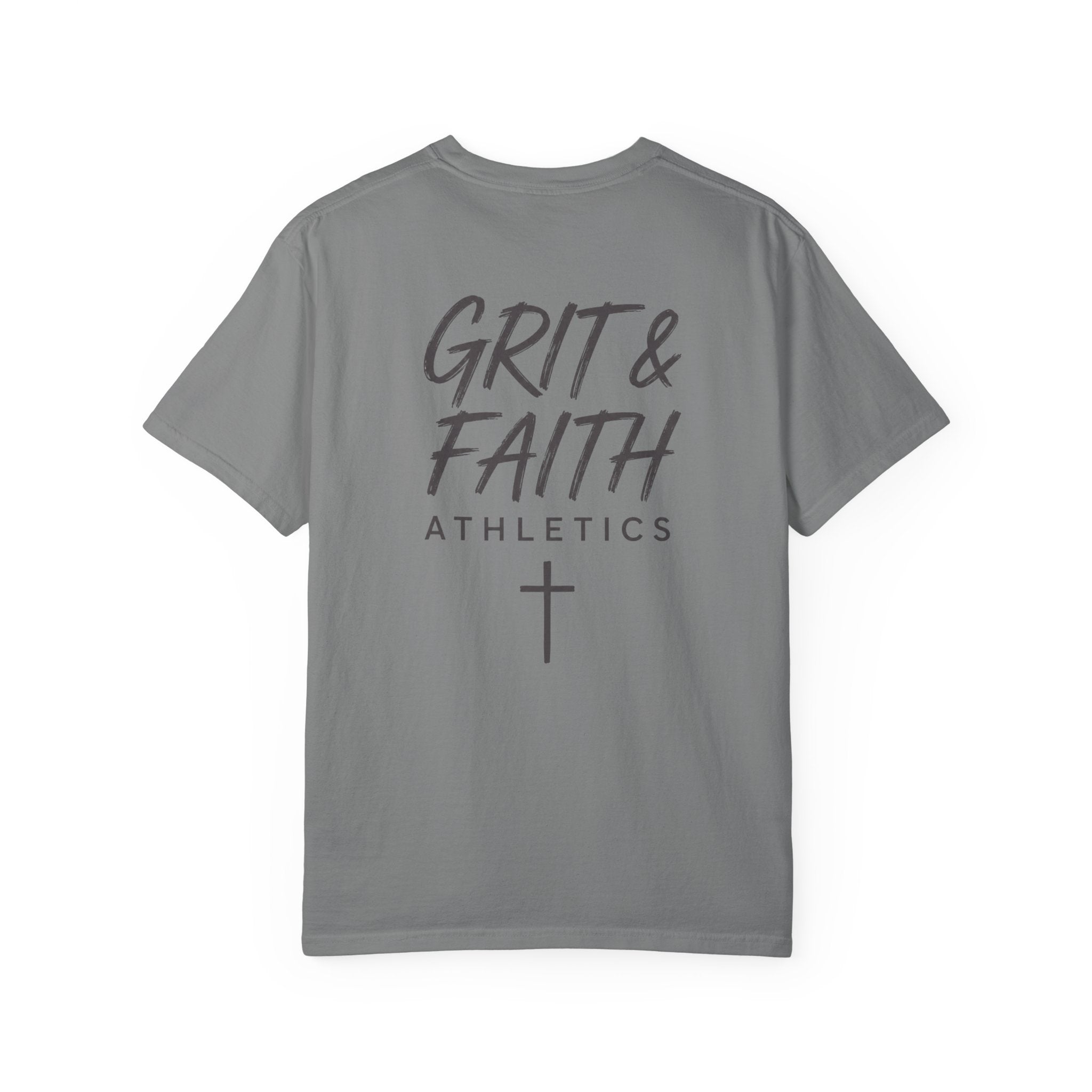 Grit and Faith Athletics T‑Shirt — Cross Chest Logo, Back Script Athletic Tee