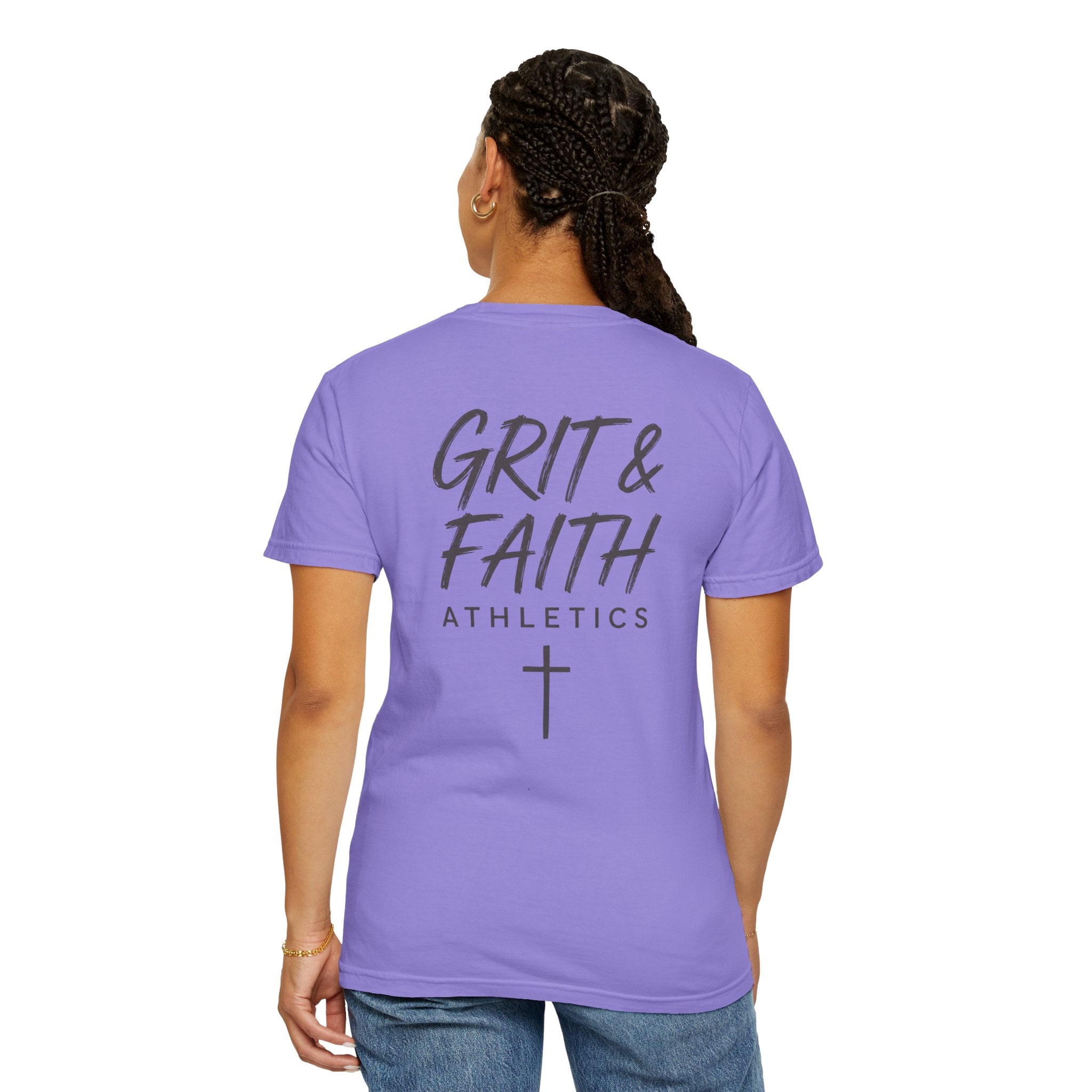 Grit and Faith Athletics T‑Shirt — Cross Chest Logo, Back Script Athletic Tee
