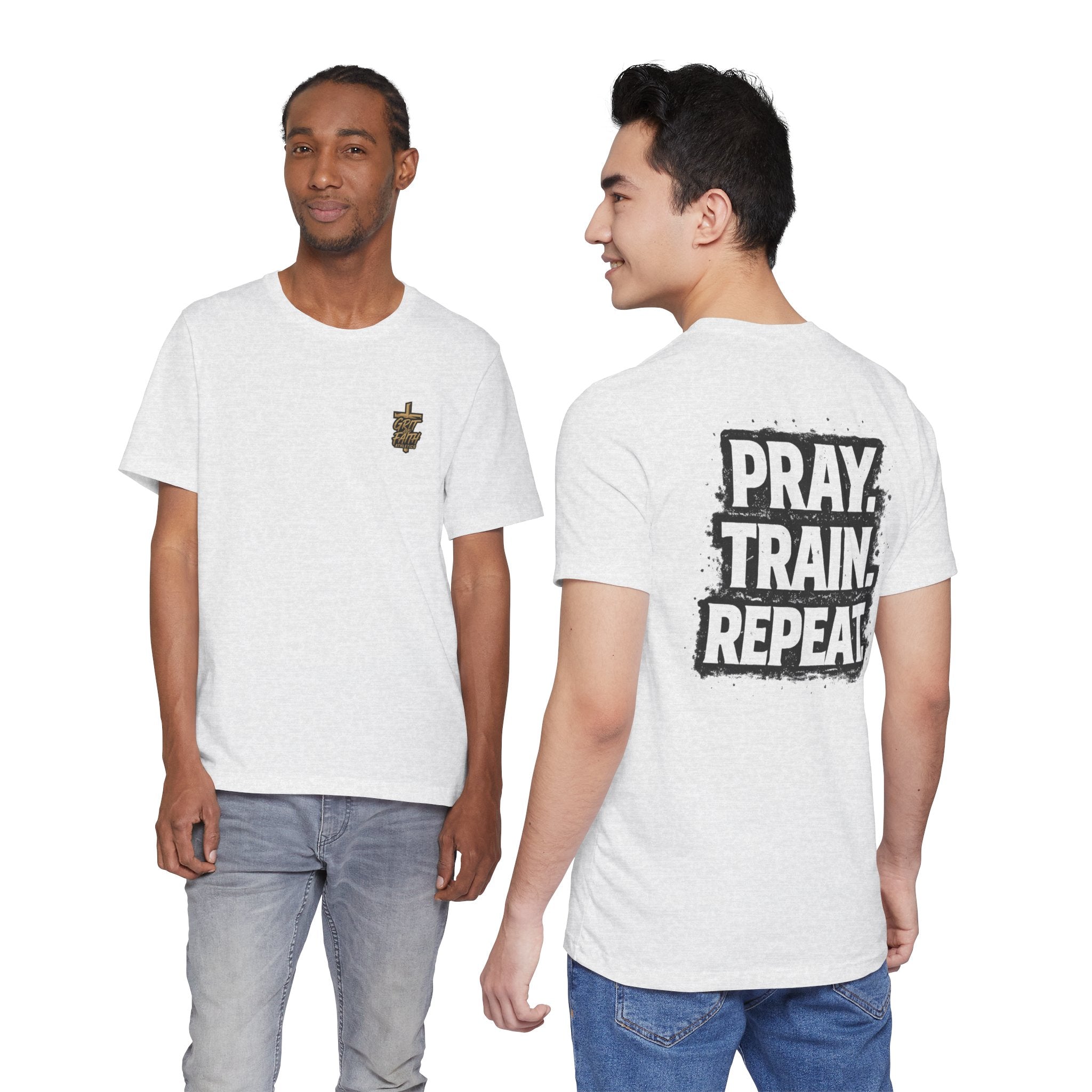 Grit and Faith T-Shirt — Pray. Train. Repeat. Faith & Fitness Tee
