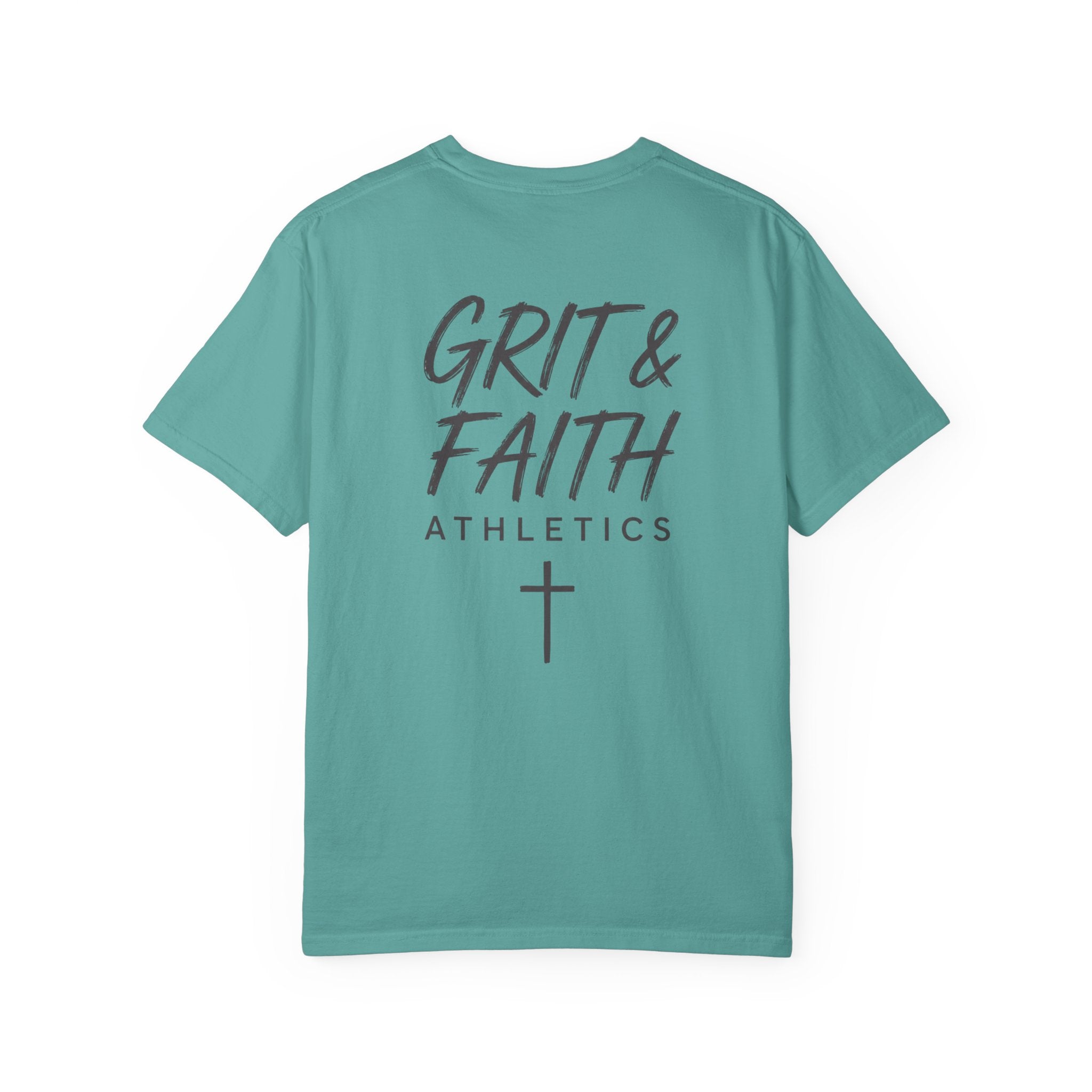 Grit and Faith Athletics T‑Shirt — Cross Chest Logo, Back Script Athletic Tee