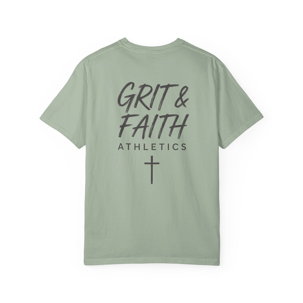 Grit and Faith Athletics T‑Shirt — Cross Chest Logo, Back Script Athletic Tee