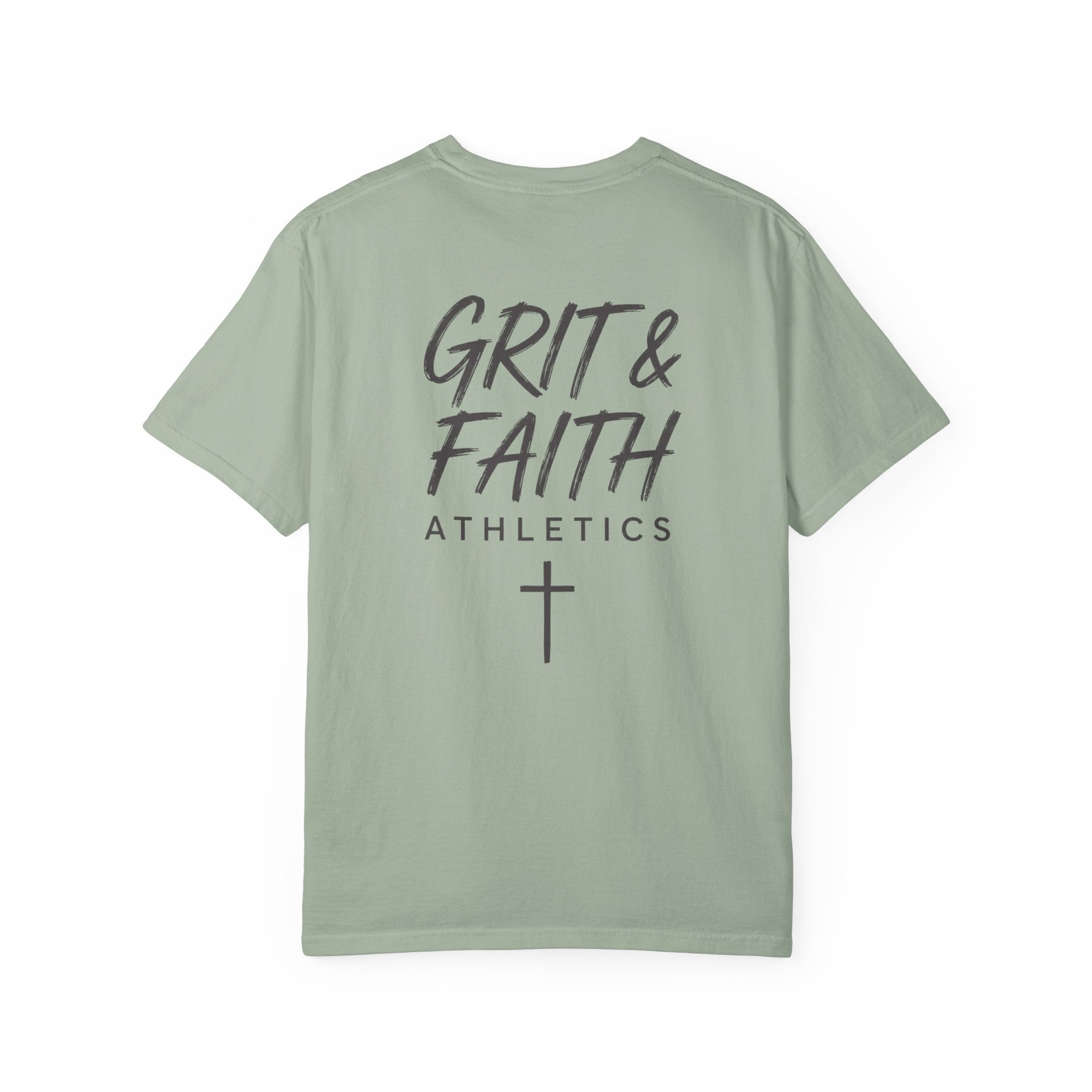 Grit and Faith Athletics T‑Shirt — Cross Chest Logo, Back Script Athletic Tee
