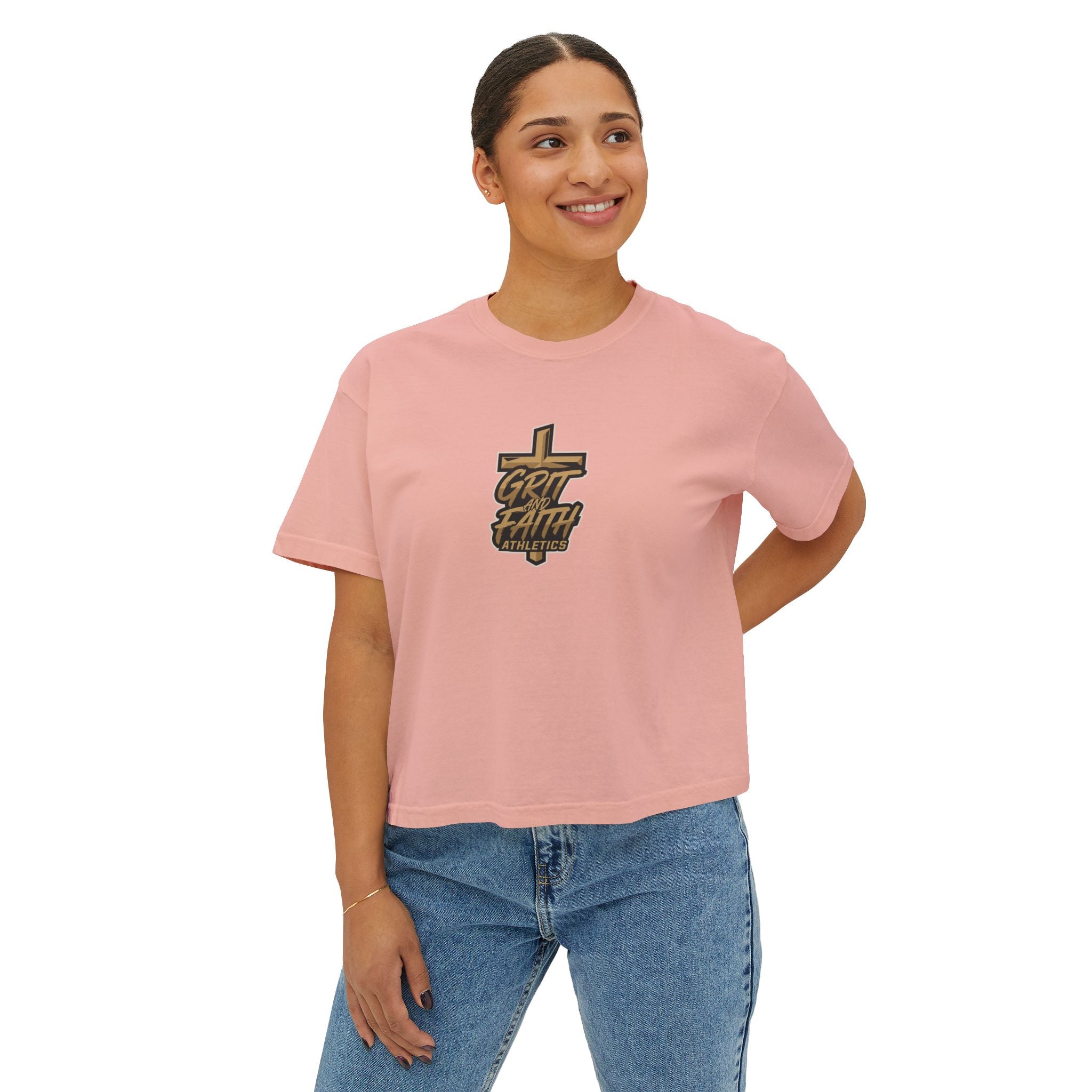 Grit and Faith Women's Boxy Tee — Cross Graphic Crop T-Shirt