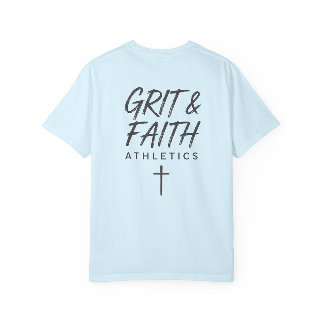 Grit and Faith Athletics T‑Shirt — Cross Chest Logo, Back Script Athletic Tee