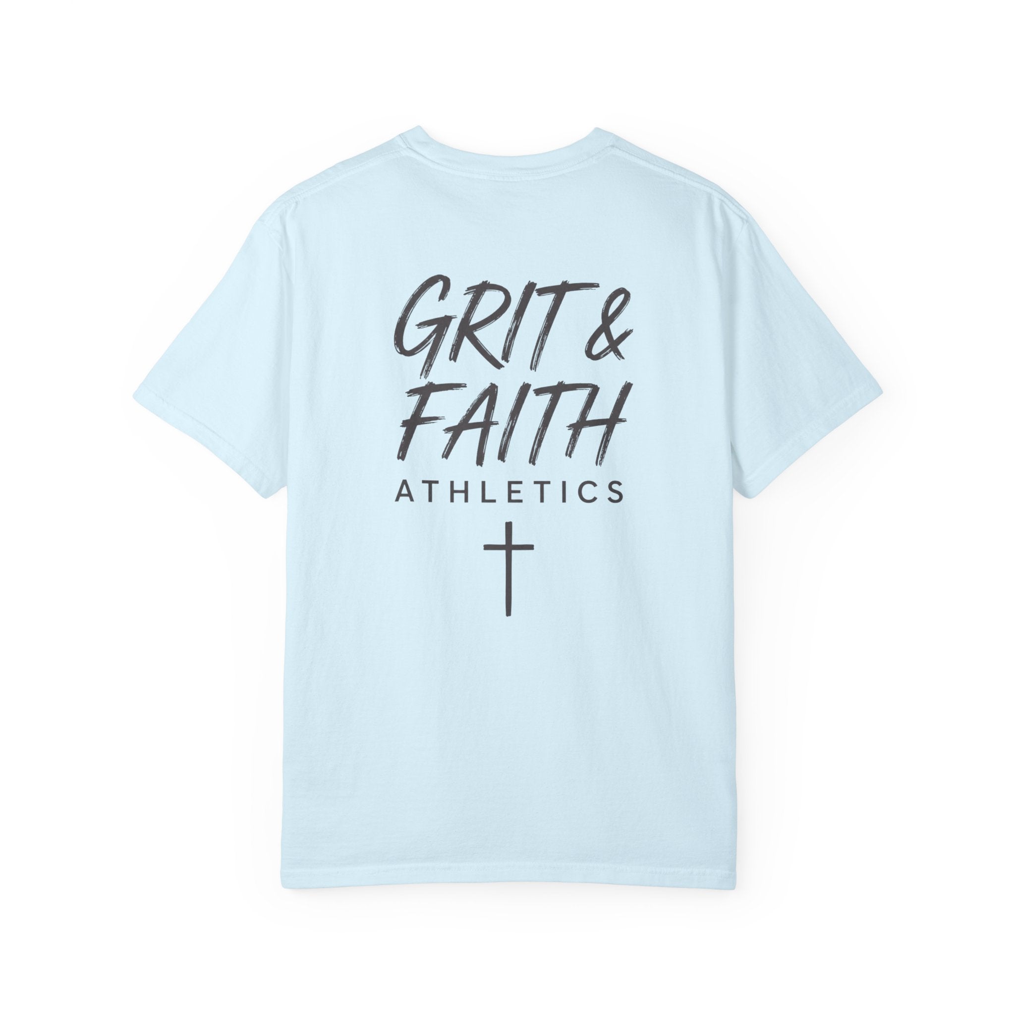 Grit and Faith Athletics T‑Shirt — Cross Chest Logo, Back Script Athletic Tee
