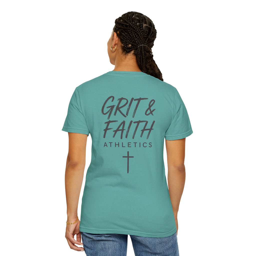 Grit and Faith Athletics T‑Shirt — Cross Chest Logo, Back Script Athletic Tee