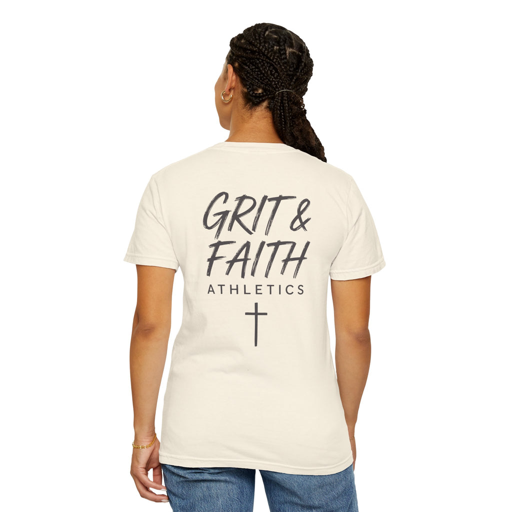 Grit and Faith Athletics T‑Shirt — Cross Chest Logo, Back Script Athletic Tee