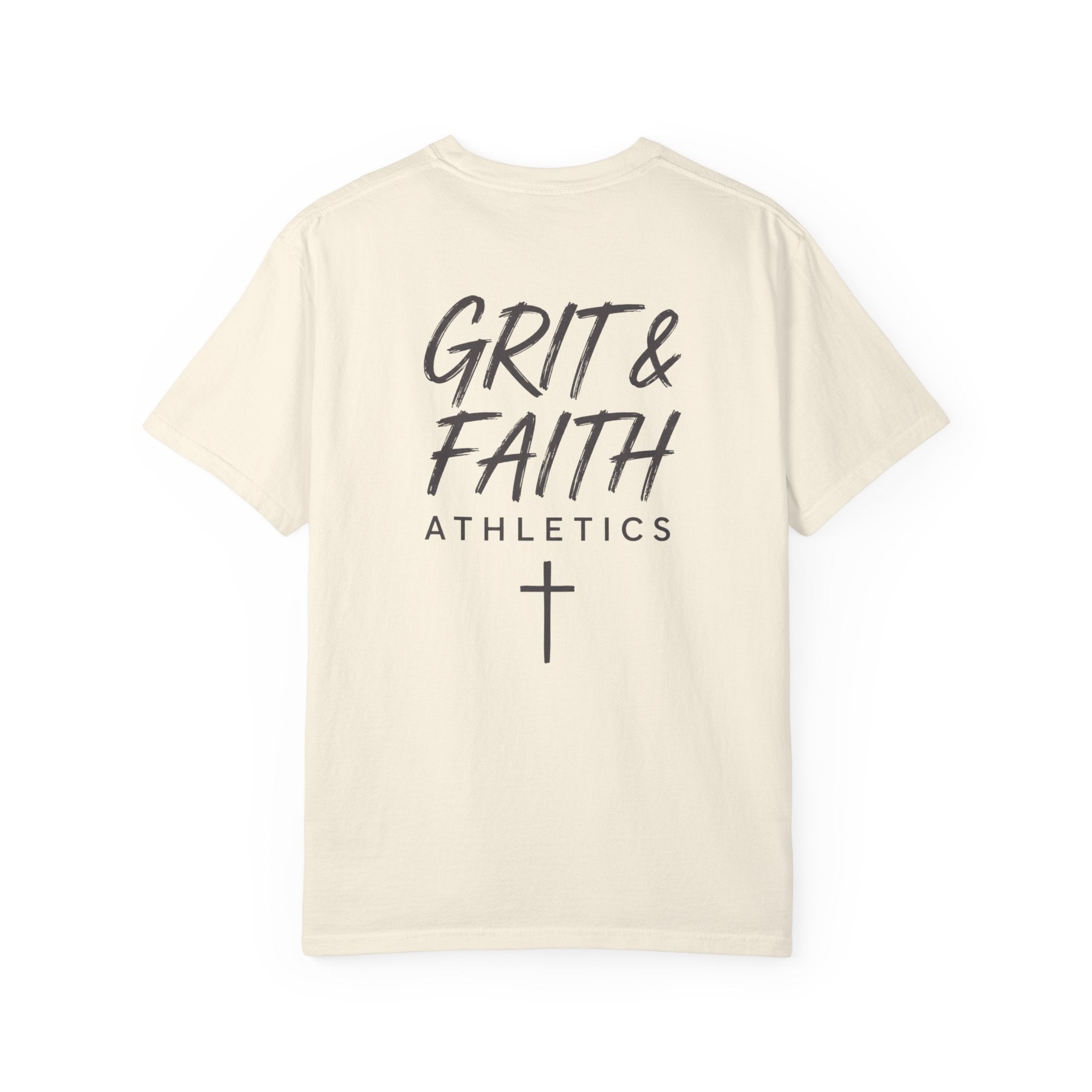 Grit and Faith Athletics T‑Shirt — Cross Chest Logo, Back Script Athletic Tee