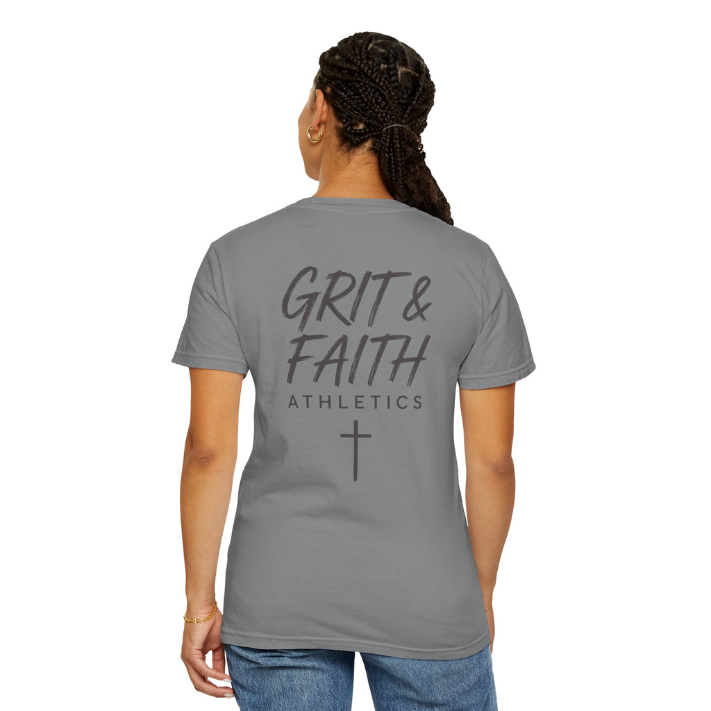 Grit and Faith Athletics T‑Shirt — Cross Chest Logo, Back Script Athletic Tee