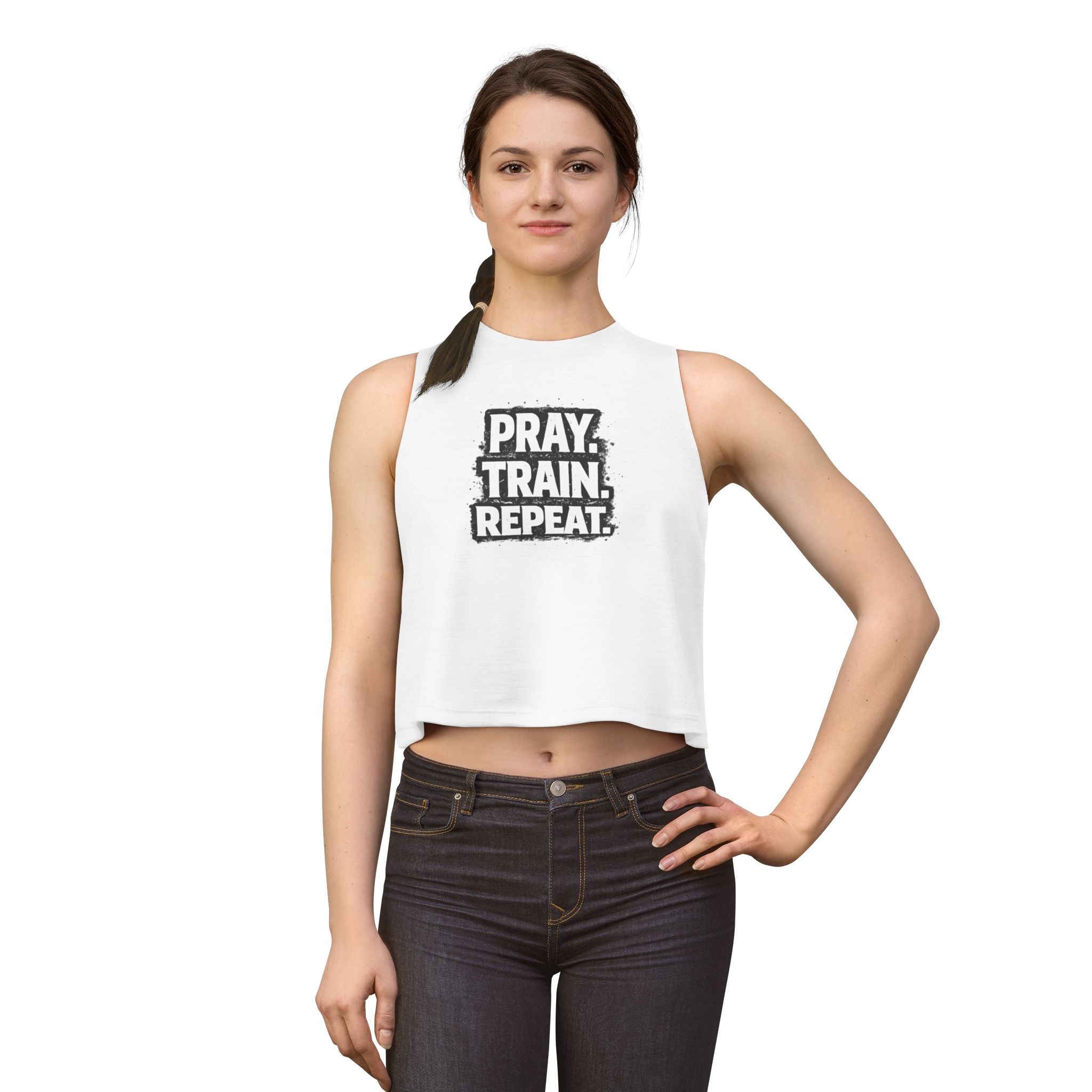 Grit and Grace Crop Top — "Pray. Train. Repeat." Fitness Tank