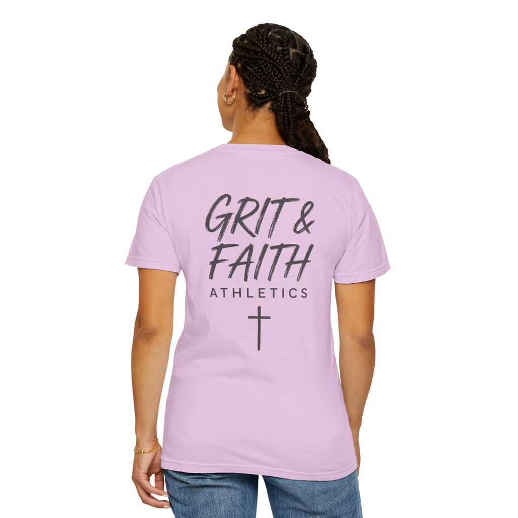Grit and Faith Athletics T‑Shirt — Cross Chest Logo, Back Script Athletic Tee