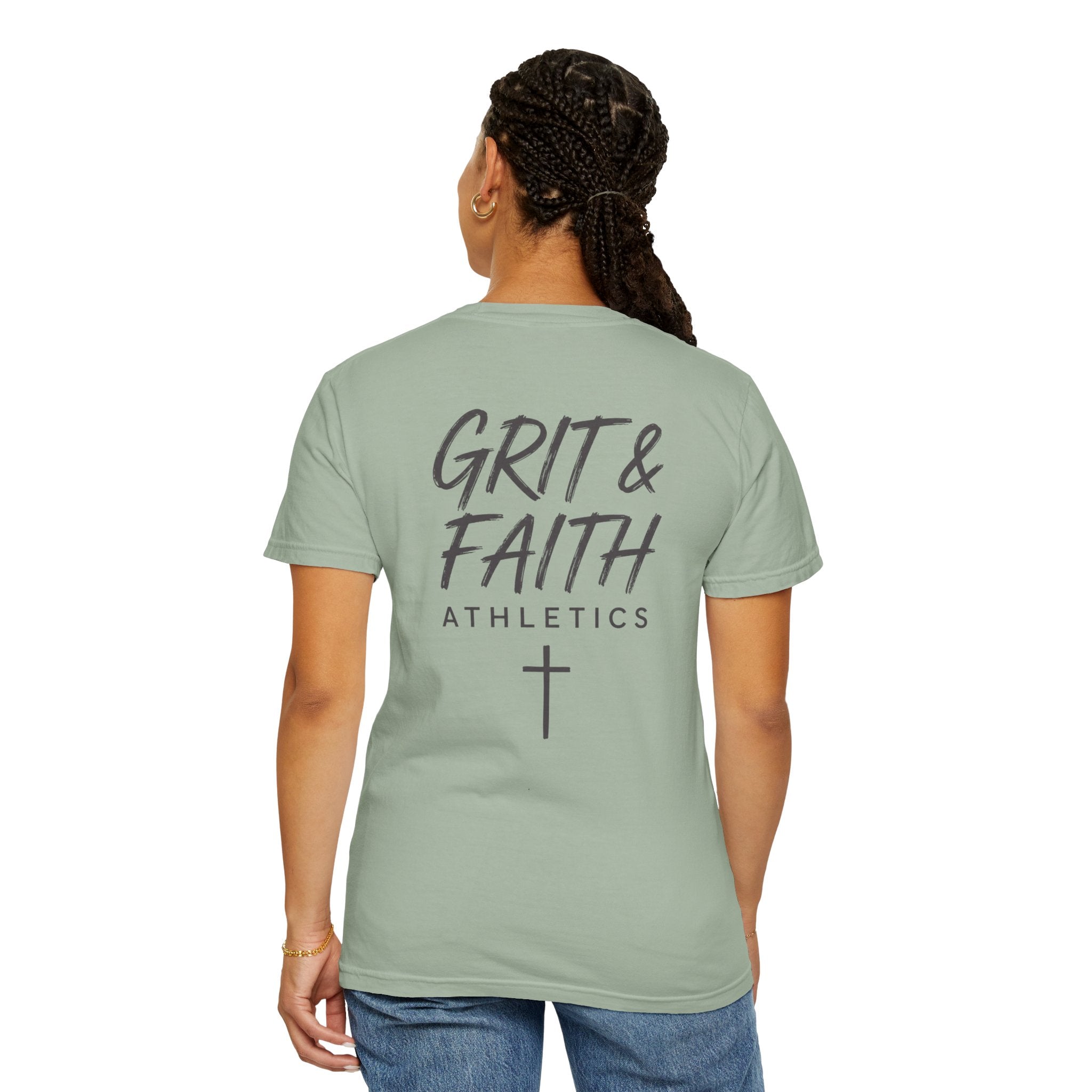 Grit and Faith Athletics T‑Shirt — Cross Chest Logo, Back Script Athletic Tee