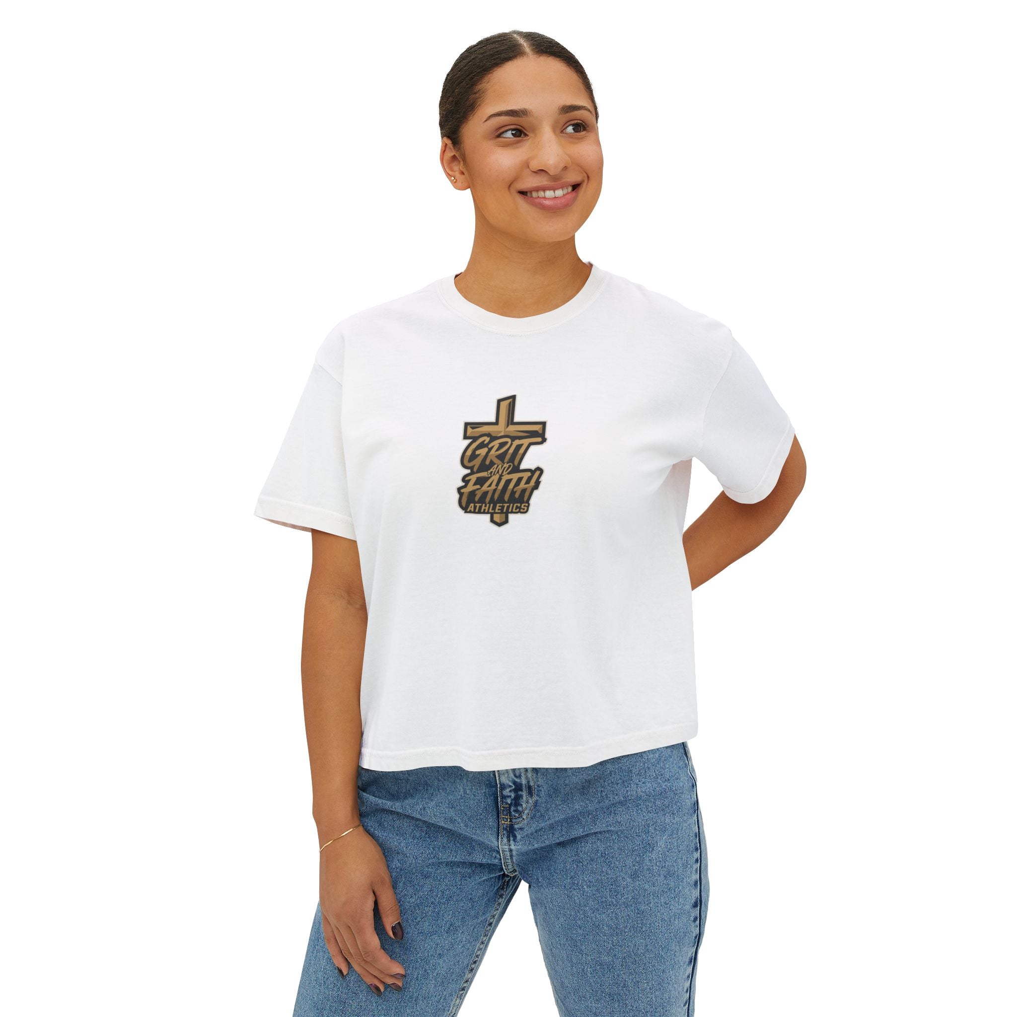 Grit and Faith Women's Boxy Tee — Cross Graphic Crop T-Shirt