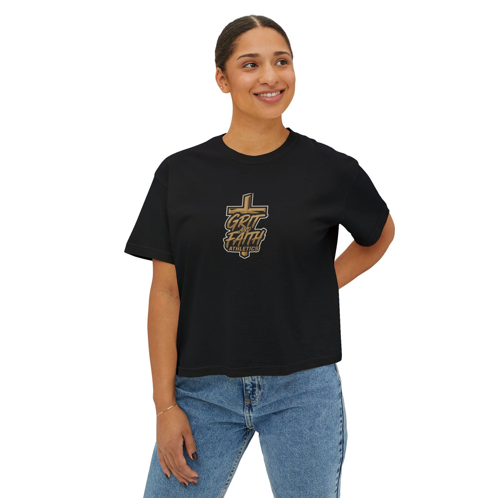 Grit and Faith Women's Boxy Tee — Cross Graphic Crop T-Shirt